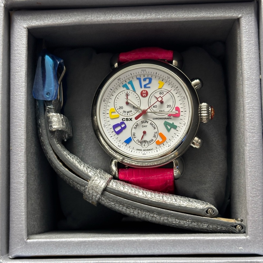 Michele Multicolor Dial Watch
with Pink Strap and an extra silver strap